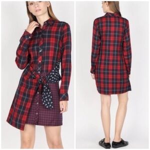 Skies Are Blue Vanna Red Plaid Mix Media Flannel Mini Dress Size M EUC